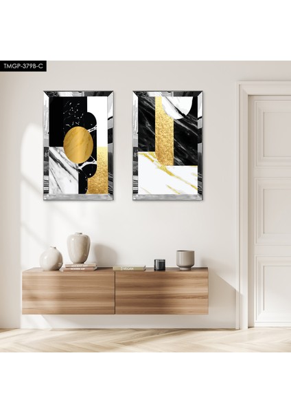 Gümüş Aynalı Pleksi Çerçeveli Beyaz Arka Planlı Gold ve Siyah Desenler Ikili Mdf Tablo Seti