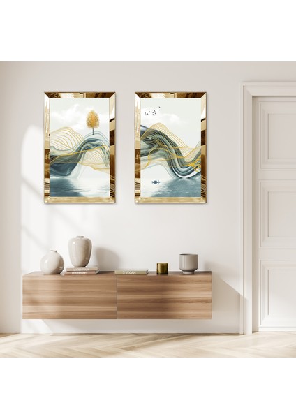 Gold Aynalı Pleksi Çerçeveli Dağ Manzaralı Modern Ikili Mdf Tablo Seti