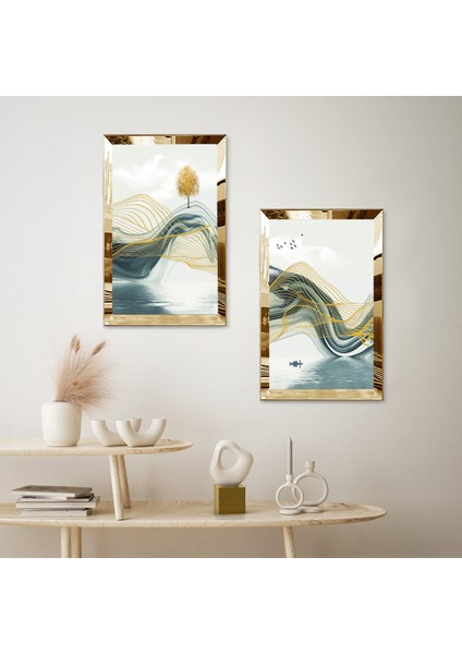 Gold Aynalı Pleksi Çerçeveli Dağ Manzaralı Modern Ikili Mdf Tablo Seti fiyatları