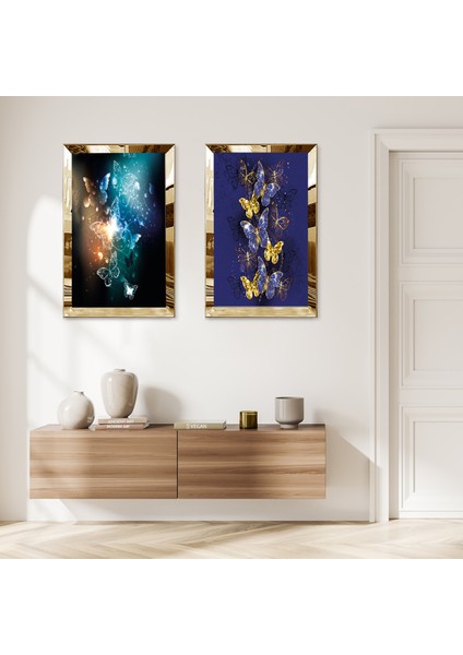 Gold Aynalı Pleksi Çerçeveli Mor ve Siyah Arka Planlı Renkli Kelebekler Ikili Mdf Tablo Seti