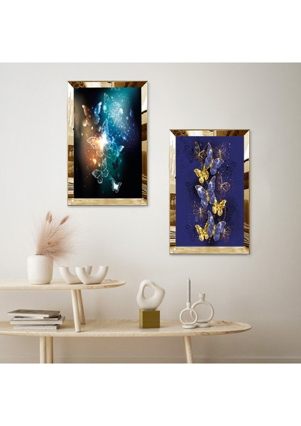 Gold Aynalı Pleksi Çerçeveli Mor ve Siyah Arka Planlı Renkli Kelebekler Ikili Mdf Tablo Seti fiyatları