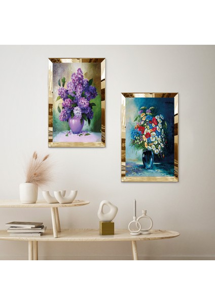 Gold Aynalı Pleksi Çerçeveli Yağlı Boya Görünümlü ve Mor Mavi Vazo Ikili Mdf Tablo Seti fiyatları