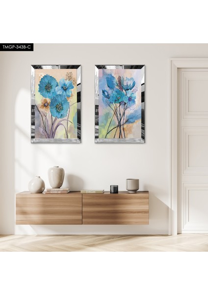 Gümüş Aynalı Pleksi Çerçeveli Mavi Dekoratif Çiçek Ikili Mdf Tablo Seti