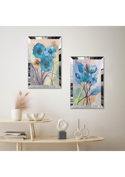 Gümüş Aynalı Pleksi Çerçeveli Mavi Dekoratif Çiçek Ikili Mdf Tablo Seti fiyatları