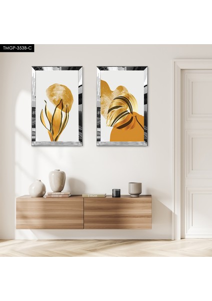 Gümüş Aynalı Pleksi Çerçeveli Beyaz Planlı Modern Soyut Çiçek Ikili Mdf Tablo Seti