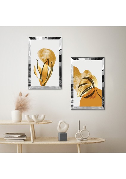 Gümüş Aynalı Pleksi Çerçeveli Beyaz Planlı Modern Soyut Çiçek Ikili Mdf Tablo Seti fiyatları