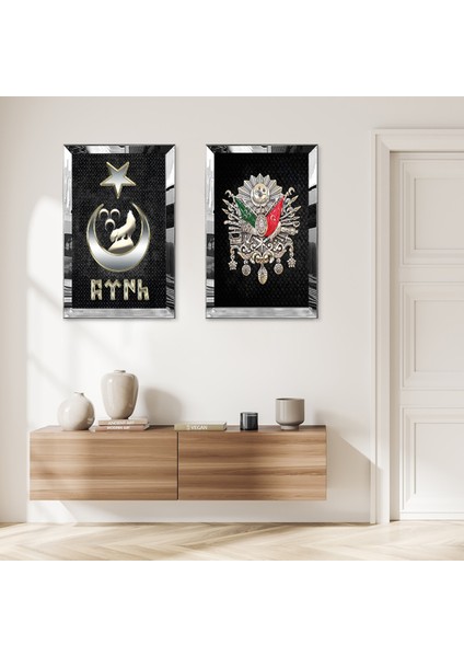Gümüş Aynalı Pleksi Çerçeveli Gümüş Ay Hilal Bozkurt ve Osmanlı Tuğrası Ikili Mdf Tablo Seti
