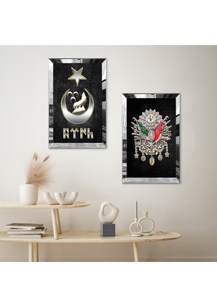 Gümüş Aynalı Pleksi Çerçeveli Gümüş Ay Hilal Bozkurt ve Osmanlı Tuğrası Ikili Mdf Tablo Seti fiyatları
