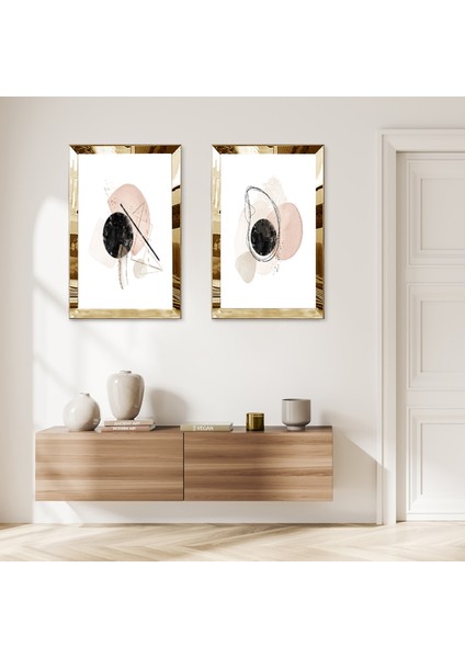 Gold Aynalı Pleksi Çerçeveli Beyaz Arka Planlı Krem Rengi Minimalist Şekiller Ikili Mdf Tablo Seti