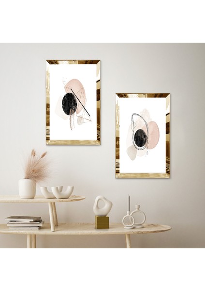 Gold Aynalı Pleksi Çerçeveli Beyaz Arka Planlı Krem Rengi Minimalist Şekiller Ikili Mdf Tablo Seti fiyatları