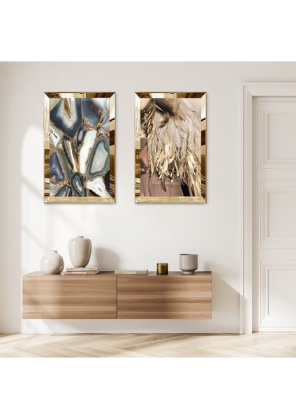 Gold Aynalı Pleksi Çerçeveli Soyut Kahvereni Desenler Modern Ikili Mdf Tablo Seti