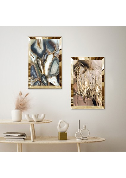 Gold Aynalı Pleksi Çerçeveli Soyut Kahvereni Desenler Modern Ikili Mdf Tablo Seti fiyatları