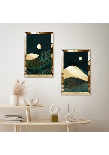 Gold Aynalı Pleksi Çerçeveli Dekoratif Gece Dağ Manzaralı Ikili Mdf Tablo Seti fiyatları