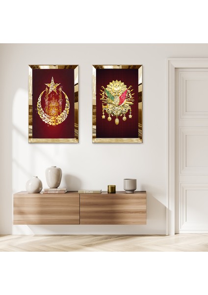 Gold Aynalı Pleksi Çerçeveli Kırmızı Arka Planlı Ay Yıldız ve Osmanlı Tuğrası Ikili Mdf Tablo Seti