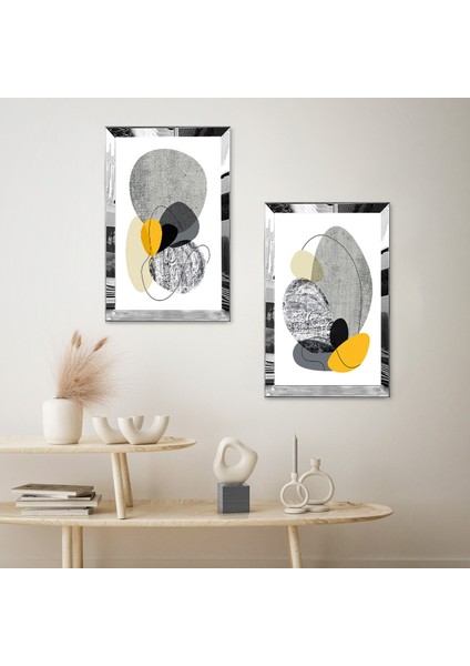 Gümüş Aynalı Pleksi Çerçeveli Beyaz Arka Planlı Renkli Minimalist Şekiller Ikili Mdf Tablo Seti fiyatları