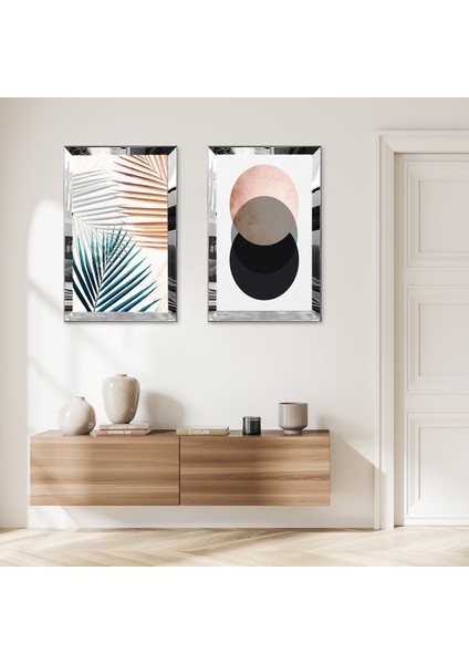 Gümüş Aynalı Pleksi Çerçeveli Beyaz Arka Planlı Renkli Yuvarlak Soyut Şekiller Ikili Mdf Tablo Seti