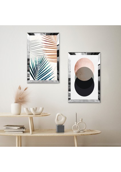 Gümüş Aynalı Pleksi Çerçeveli Beyaz Arka Planlı Renkli Yuvarlak Soyut Şekiller Ikili Mdf Tablo Seti fiyatları