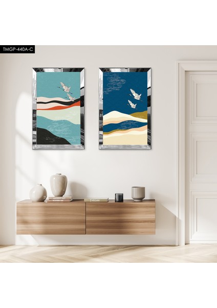 Gümüş Aynalı Pleksi Çerçeveli Havada Uçan Kuşlar Ikili Mdf Tablo Seti
