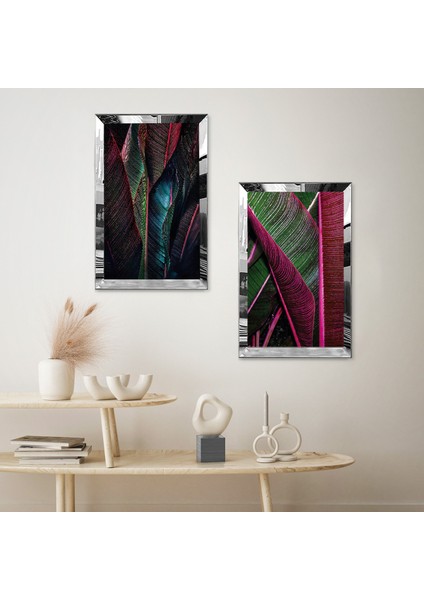 Gümüş Aynalı Pleksi Çerçeveli Kırmızı Mavi Yapraklar Ikili Mdf Tablo Seti fiyatları