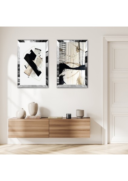 Gümüş Aynalı Pleksi Çerçeveli Beyaz Arka Planlı Soyut Şekiller Ikili Mdf Tablo Seti