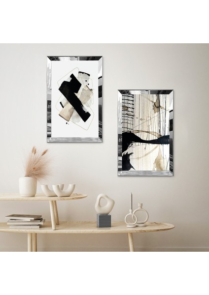 Gümüş Aynalı Pleksi Çerçeveli Beyaz Arka Planlı Soyut Şekiller Ikili Mdf Tablo Seti fiyatları