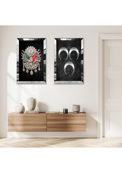 Gümüş Aynalı Pleksi Çerçeveli Osmanlı Tuğrası ve Gümüş 3 Hilal Ikili Mdf Tablo Seti
