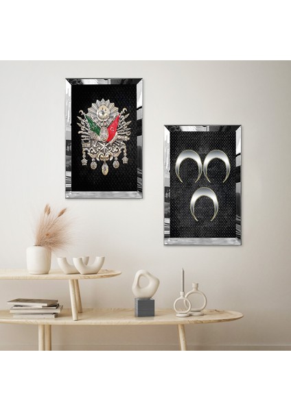 Gümüş Aynalı Pleksi Çerçeveli Osmanlı Tuğrası ve Gümüş 3 Hilal Ikili Mdf Tablo Seti fiyatları