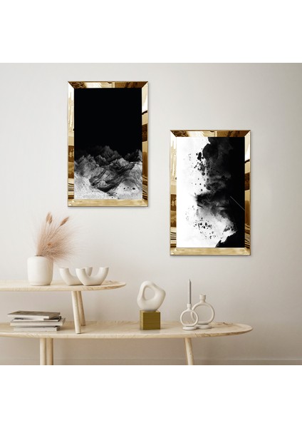 Gold Aynalı Pleksi Çerçeveli Siyah Üzeri Beyaz ve Gri Soyut Desenli Ikili Mdf Tablo Seti fiyatları