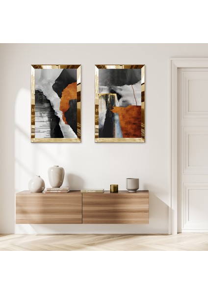Gold Aynalı Pleksi Çerçeveli Gri Soyut Boya Dalgaları Ikili Mdf Tablo Seti
