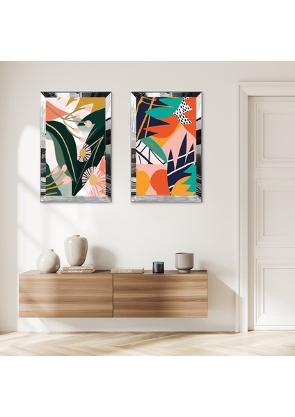 Gümüş Aynalı Pleksi Çerçeveli Beyaz Arka Planlı Renkli Soyut Modern Şekiller Ikili Mdf Tablo Seti
