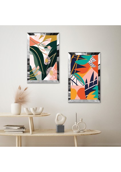 Gümüş Aynalı Pleksi Çerçeveli Beyaz Arka Planlı Renkli Soyut Modern Şekiller Ikili Mdf Tablo Seti fiyatları