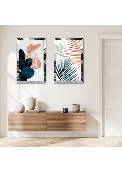 Gümüş Aynalı Pleksi Çerçeveli Renkli Yuvarlak Modern Soyut Şekiller Ikili Mdf Tablo Seti