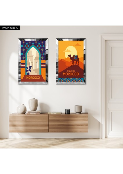 Gümüş Aynalı Pleksi Çerçeveli Renkli Arka Planlı Modern Cami Ikili Mdf Tablo Seti