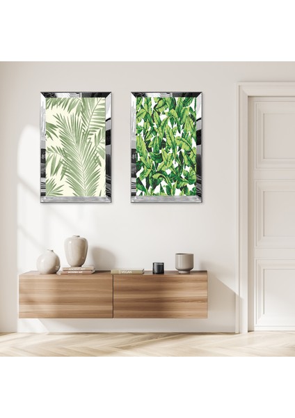 Gümüş Aynalı Pleksi Çerçeveli Yeşil Bitkiler Ikili Mdf Tablo Seti