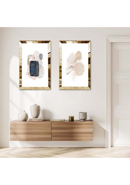 Gold Aynalı Pleksi Çerçeveli Beyaz Arka Planlı Dekoratif Modern Şekiller Ikili Mdf Tablo Seti