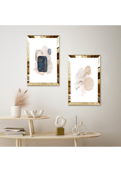 Gold Aynalı Pleksi Çerçeveli Beyaz Arka Planlı Dekoratif Modern Şekiller Ikili Mdf Tablo Seti fiyatları