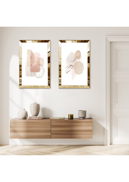 Gold Aynalı Pleksi Çerçeveli Beyaz Arka Planlı Minimalist Şekiller Dekoratif Ikili Mdf Tablo Seti