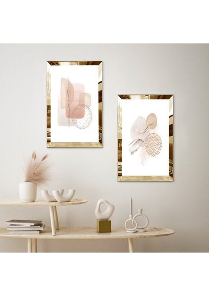 Gold Aynalı Pleksi Çerçeveli Beyaz Arka Planlı Minimalist Şekiller Dekoratif Ikili Mdf Tablo Seti fiyatları