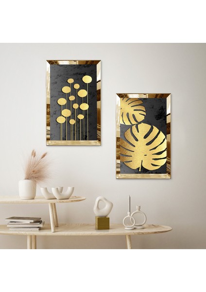 Gold Aynalı Pleksi Çerçeveli Siyah Arka Planlı Dekoratif Gold Çiçekler Ikili Mdf Tablo Seti fiyatları