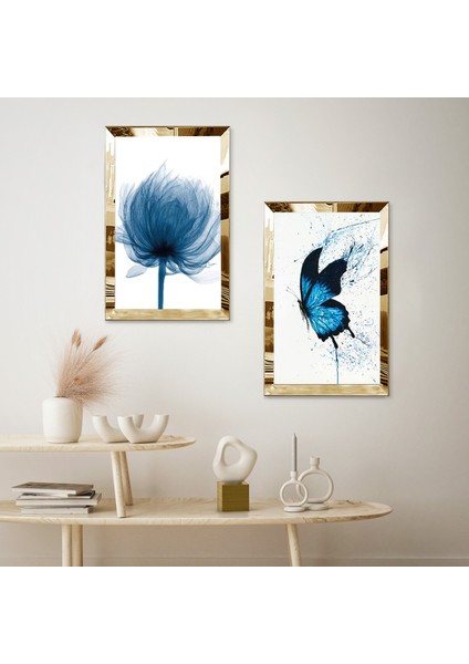 Gold Aynalı Pleksi Çerçeveli Beyaz Arka Planlı Mavi Çiçekler Dekoratif Ikili Mdf Tablo Seti fiyatları