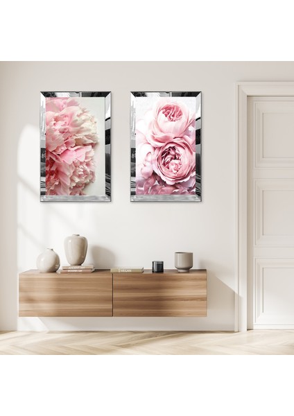 Gümüş Aynalı Pleksi Çerçeveli Beyaz Pembe Güller ve Çiçekler Ikili Mdf Tablo Seti