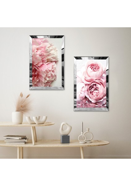 Gümüş Aynalı Pleksi Çerçeveli Beyaz Pembe Güller ve Çiçekler Ikili Mdf Tablo Seti fiyatları