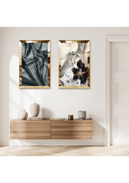 Gold Aynalı Pleksi Çerçeveli Beyaz Arka Planlı Siyah Desenli Dekoratif Ikili Mdf Tablo Seti