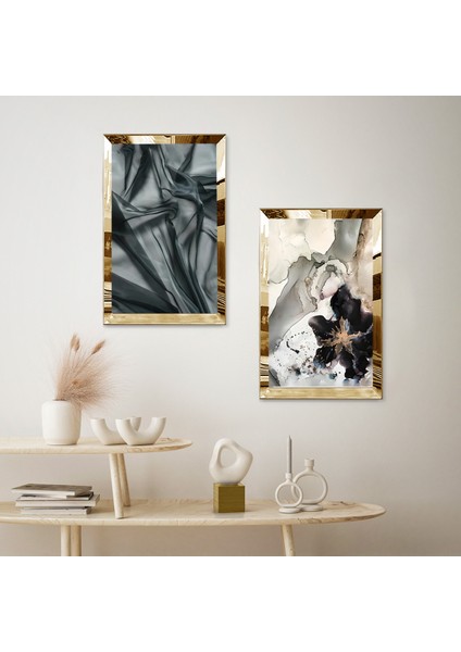 Gold Aynalı Pleksi Çerçeveli Beyaz Arka Planlı Siyah Desenli Dekoratif Ikili Mdf Tablo Seti fiyatları