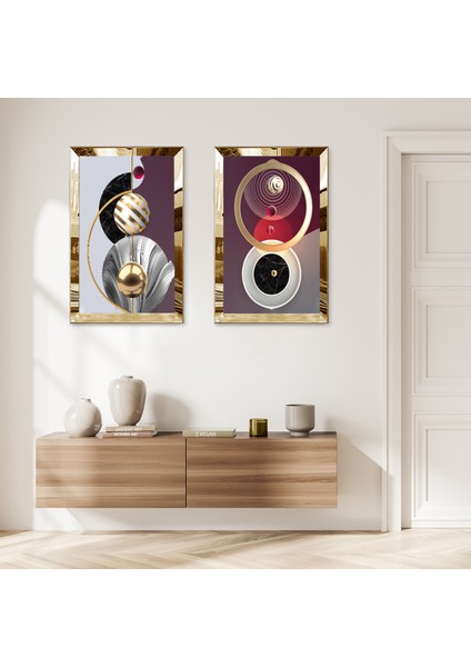 Gold Aynalı Pleksi Çerçeveli Açık Renkli Arka Planlı Dekoratif Soyut Şekiller Ikili Mdf Tablo Seti