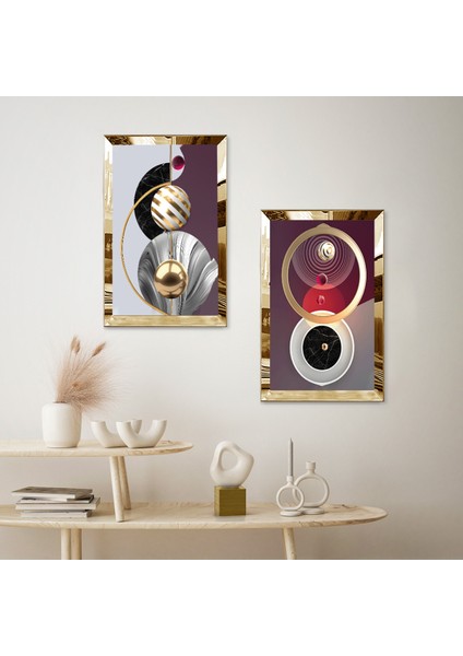 Gold Aynalı Pleksi Çerçeveli Açık Renkli Arka Planlı Dekoratif Soyut Şekiller Ikili Mdf Tablo Seti fiyatları