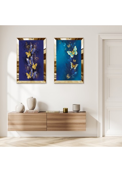 Gold Aynalı Pleksi Çerçeveli Mavi ve Mor Arka Planlı Renkli Kelebekler Ikili Mdf Tablo Seti