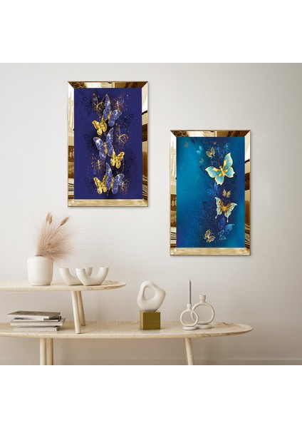 Gold Aynalı Pleksi Çerçeveli Mavi ve Mor Arka Planlı Renkli Kelebekler Ikili Mdf Tablo Seti fiyatları