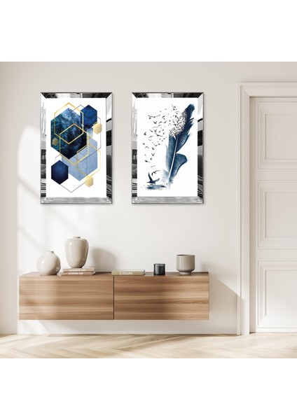 Gümüş Aynalı Pleksi Çerçeveli Beyaz Arka Planlı Lacivert Soyut Şekiller Ikili Mdf Tablo Seti