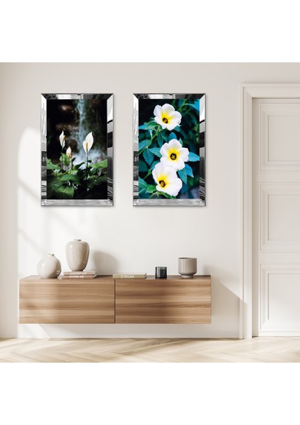 Gümüş Aynalı Pleksi Çerçeveli Soyut Bitkiler Ikili Mdf Tablo Seti